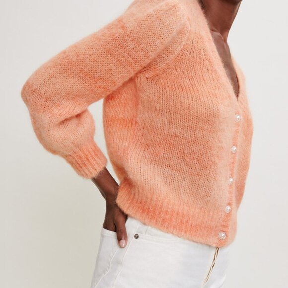 MAJE Mohair Cardigan Sweater Jewel Buttons Orange V-Neck 2 Medium 8 10 NWT - Picture 2 of 6